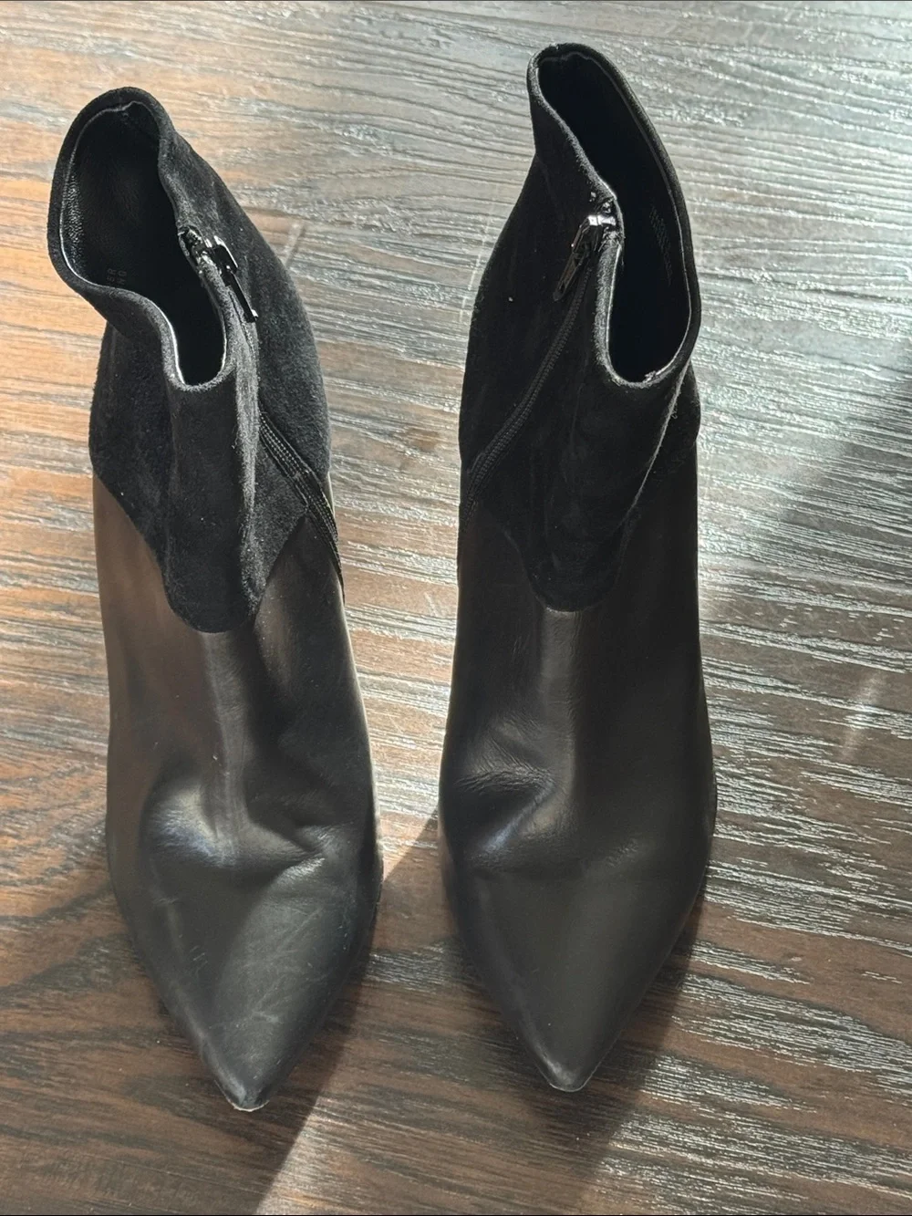 J. Crew Black Leather Pointed-Toe Ankle Booties with Suede Collar